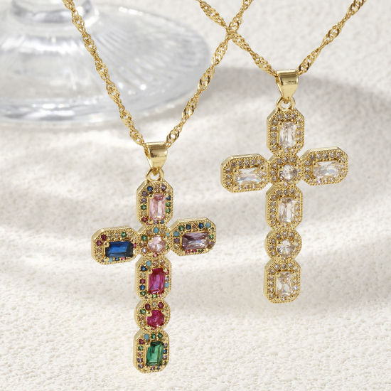 Immagine di 1 Pz Ecologico Retrò Religione 18K Vero Oro Placcato Ottone Catena d'Onda Croce Micro Spianare Collana con Ciondolo Unisex 45cm + 5cm Lunghezza
