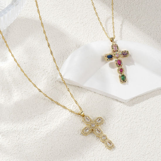 Immagine di 1 Pz Ecologico Retrò Religione 18K Vero Oro Placcato Ottone Catena d'Onda Croce Micro Spianare Collana con Ciondolo Unisex 45cm + 5cm Lunghezza