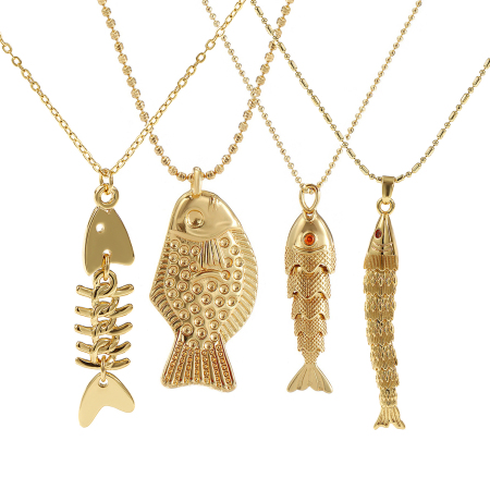 Picture of Eco-friendly Bohemia Boho Ocean Jewelry 18K Real Gold Plated Brass Ball Chain Fish Animal Pendant Charm Necklace Unisex Gift 45cm(17.7") + 5cm(2") long