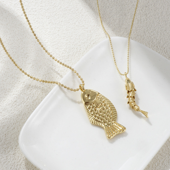 Picture of Eco-friendly Bohemia Boho Ocean Jewelry 18K Real Gold Plated Brass Ball Chain Fish Animal Pendant Charm Necklace Unisex Gift 45cm(17.7") + 5cm(2") long