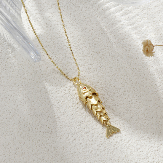 Picture of Eco-friendly Bohemia Boho Ocean Jewelry 18K Real Gold Plated Brass Ball Chain Fish Animal Pendant Charm Necklace Unisex Gift 45cm(17.7") + 5cm(2") long