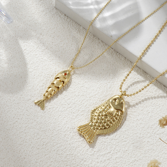 Picture of Eco-friendly Bohemia Boho Ocean Jewelry 18K Real Gold Plated Brass Ball Chain Fish Animal Pendant Charm Necklace Unisex Gift 45cm(17.7") + 5cm(2") long