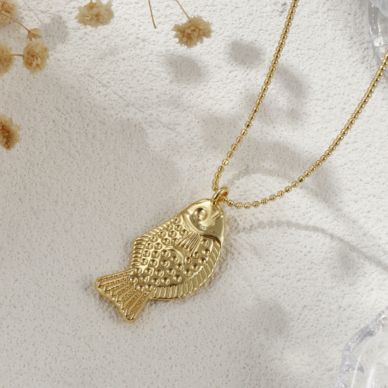 Picture of Eco-friendly Bohemia Boho Ocean Jewelry 18K Real Gold Plated Brass Ball Chain Fish Animal Pendant Charm Necklace Unisex Gift 45cm(17.7") + 5cm(2") long