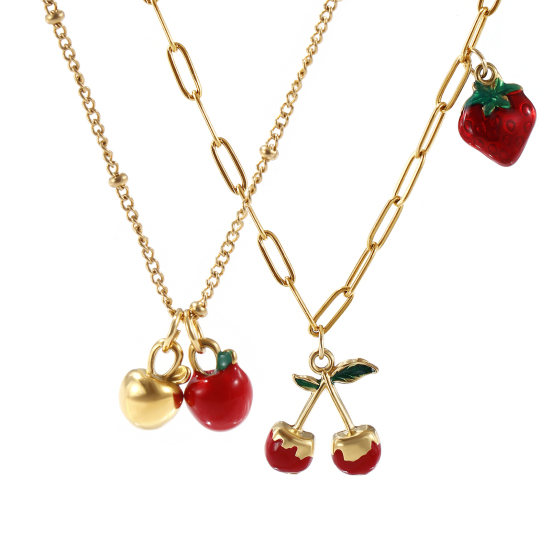 Picture of Eco-friendly PVD Vacuum Plating Natural Pastoral Cute 18K Real Gold Plated Red 304 Stainless Steel Fruit Enamel Pendant Charm Necklace For Women Gift