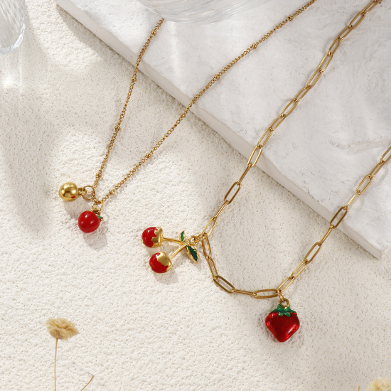 Picture of Eco-friendly PVD Vacuum Plating Natural Pastoral Cute 18K Real Gold Plated Red 304 Stainless Steel Fruit Enamel Pendant Charm Necklace For Women Gift