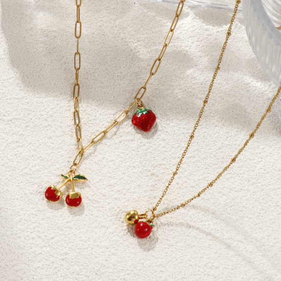 Picture of Eco-friendly PVD Vacuum Plating Natural Pastoral Cute 18K Real Gold Plated Red 304 Stainless Steel Fruit Enamel Pendant Charm Necklace For Women Gift