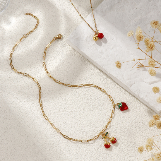 Picture of Eco-friendly PVD Vacuum Plating Natural Pastoral Cute 18K Real Gold Plated Red 304 Stainless Steel Fruit Enamel Pendant Charm Necklace For Women Gift