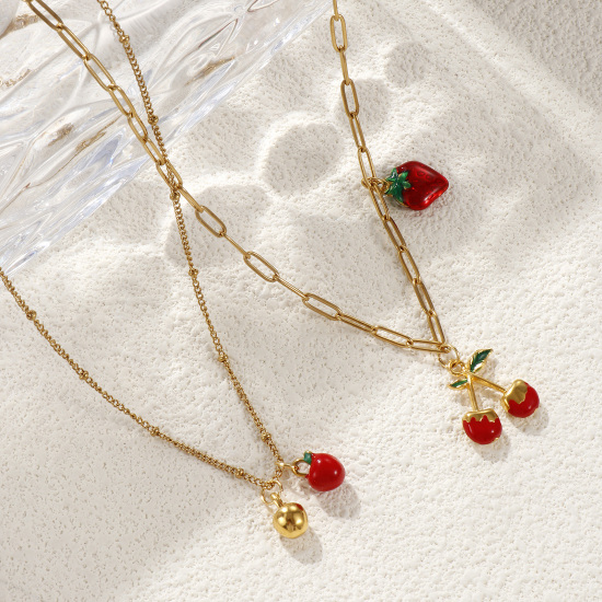 Picture of Eco-friendly PVD Vacuum Plating Natural Pastoral Cute 18K Real Gold Plated Red 304 Stainless Steel Fruit Enamel Pendant Charm Necklace For Women Gift