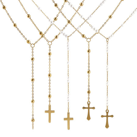 Eco-friendly PVD Vacuum Plating Exquisite Religious 18K Real Gold Plated 304 Stainless Steel Link Cable Chain Cross Prayer Beads Rosary Necklace Unisex Gift
