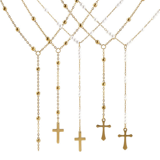 Bild von Umweltfreundliche PVD-Vakuumbeschichtung Exquisit Religiös 18K Echtgold plattiert 304 Edelstahl Kreuz Gliederketten Kreuz Gebetsperlen Rosenkranz Halskette Unisex Geschenk