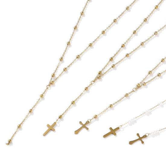 Bild von Umweltfreundliche PVD-Vakuumbeschichtung Exquisit Religiös 18K Echtgold plattiert 304 Edelstahl Kreuz Gliederketten Kreuz Gebetsperlen Rosenkranz Halskette Unisex Geschenk