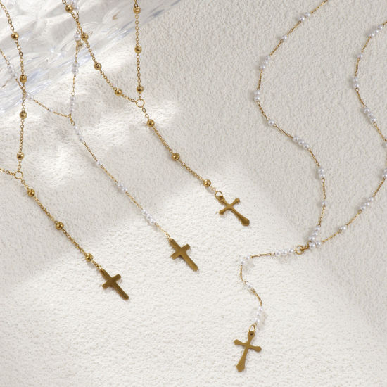 Bild von Umweltfreundliche PVD-Vakuumbeschichtung Exquisit Religiös 18K Echtgold plattiert 304 Edelstahl Kreuz Gliederketten Kreuz Gebetsperlen Rosenkranz Halskette Unisex Geschenk