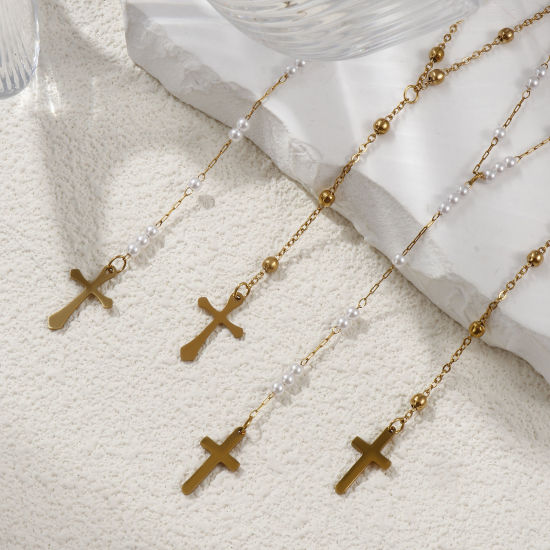 Bild von Umweltfreundliche PVD-Vakuumbeschichtung Exquisit Religiös 18K Echtgold plattiert 304 Edelstahl Kreuz Gliederketten Kreuz Gebetsperlen Rosenkranz Halskette Unisex Geschenk