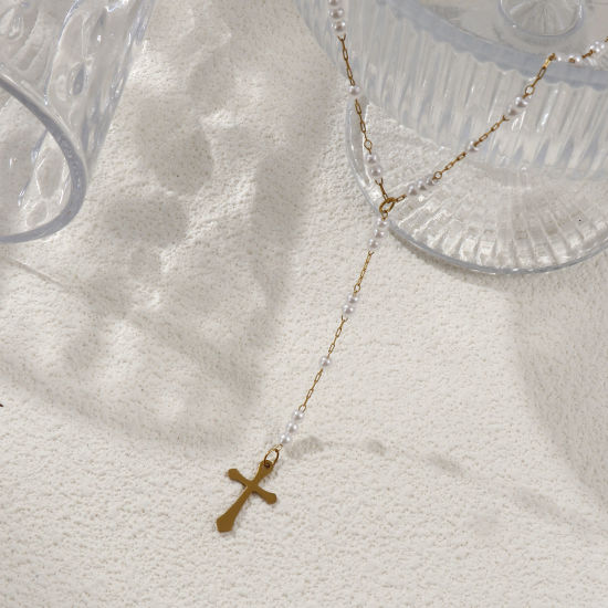 Bild von Umweltfreundliche PVD-Vakuumbeschichtung Exquisit Religiös 18K Echtgold plattiert 304 Edelstahl Kreuz Gliederketten Kreuz Gebetsperlen Rosenkranz Halskette Unisex Geschenk
