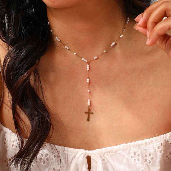 Bild von Umweltfreundliche PVD-Vakuumbeschichtung Exquisit Religiös 18K Echtgold plattiert 304 Edelstahl Kreuz Gliederketten Kreuz Gebetsperlen Rosenkranz Halskette Unisex Geschenk