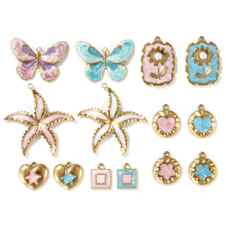 Eco-friendly PVD Vacuum Plating 304 Stainless Steel Charms 18K Real Gold Plated Multicolor Enamel Butterfly Animal Star Fish