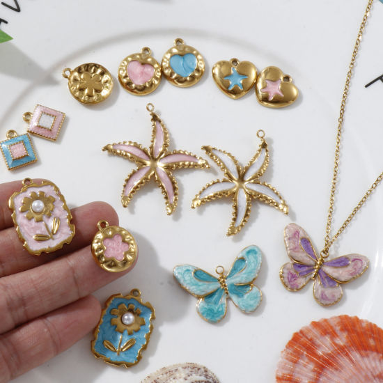 Image de 2 PCs Eco-friendly PVD Vacuum Plating 304 Stainless Steel Charms 18K Real Gold Plated Enamel Pearlized