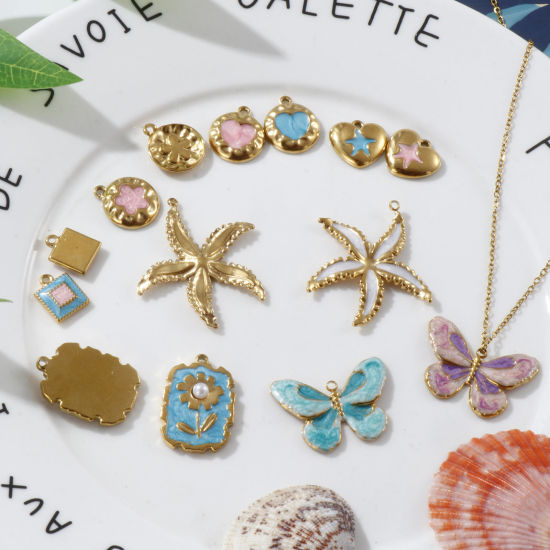 Image de 2 PCs Eco-friendly PVD Vacuum Plating 304 Stainless Steel Charms 18K Real Gold Plated Enamel Pearlized