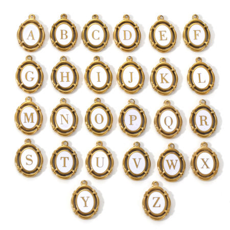 Eco-friendly PVD Vacuum Plating 304 Stainless Steel Charms 18K Gold Plated White Enamel Oval Capital Alphabet Initial Letter Message " A-Z " Hollow 20mm x 14mm
