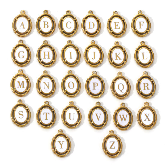 Immagine di 1 Pz Placcatura Sottovuoto PVD Ecologica 304 Acciaio Inossidabile Ciondoli Placcato Oro 18K Bianco Smalto Ovale Lettera Maiuscola Messaggio " A-Z " Filigrana 20mm x 14mm