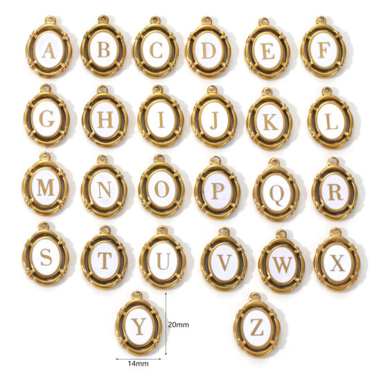Immagine di 1 Pz Placcatura Sottovuoto PVD Ecologica 304 Acciaio Inossidabile Ciondoli Placcato Oro 18K Bianco Smalto Ovale Lettera Maiuscola Messaggio " A-Z " Filigrana 20mm x 14mm
