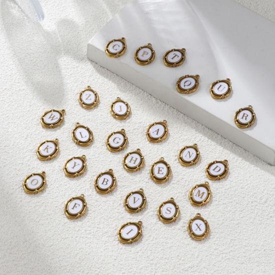 Immagine di 1 Pz Placcatura Sottovuoto PVD Ecologica 304 Acciaio Inossidabile Ciondoli Placcato Oro 18K Bianco Smalto Ovale Lettera Maiuscola Messaggio " A-Z " Filigrana 20mm x 14mm