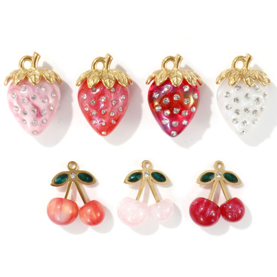 Imagen de 1 Unidad Recubrimiento al Vacío PVD Ecológico 304 Acero Inoxidable & Resina Colgantes 18K Oro Real Chapado Multicolor Fruta Transparente Rhinestone