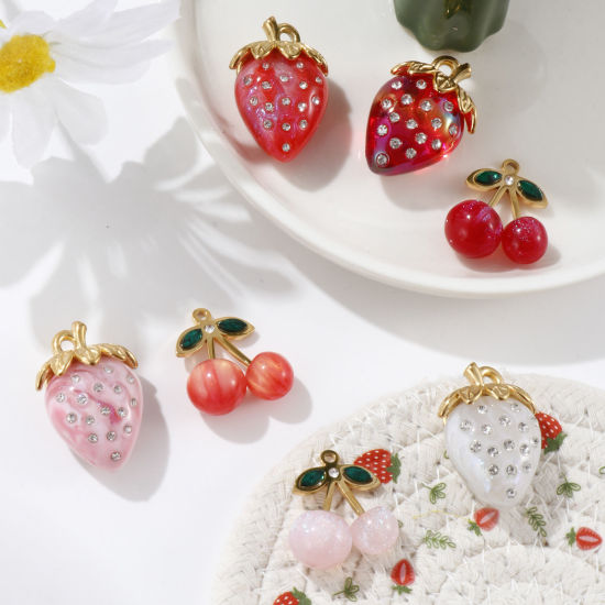 Imagen de 1 Unidad Recubrimiento al Vacío PVD Ecológico 304 Acero Inoxidable & Resina Colgantes 18K Oro Real Chapado Multicolor Fruta Transparente Rhinestone