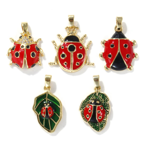 Immagine di 2 PCs Eco-friendly Brass Insect Charm Pendant 18K Real Gold Plated Red Ladybug Animal Enamel