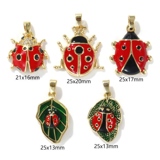 Immagine di 2 PCs Eco-friendly Brass Insect Charm Pendant 18K Real Gold Plated Red Ladybug Animal Enamel