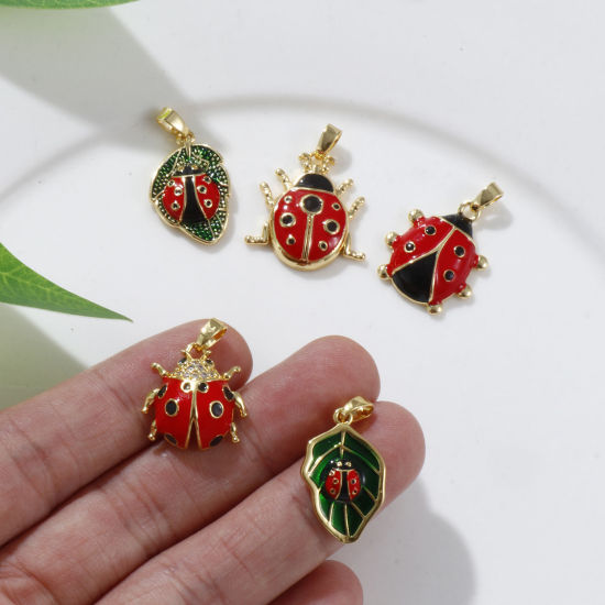 Immagine di 2 PCs Eco-friendly Brass Insect Charm Pendant 18K Real Gold Plated Red Ladybug Animal Enamel