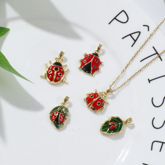 Immagine di 2 PCs Eco-friendly Brass Insect Charm Pendant 18K Real Gold Plated Red Ladybug Animal Enamel
