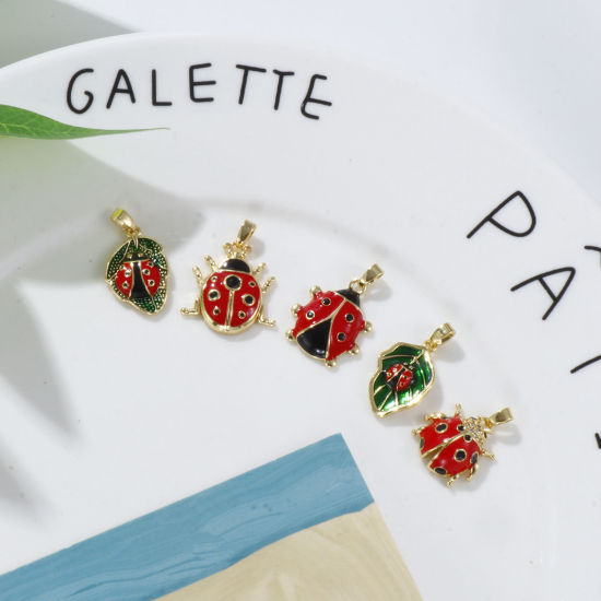 Immagine di 2 PCs Eco-friendly Brass Insect Charm Pendant 18K Real Gold Plated Red Ladybug Animal Enamel
