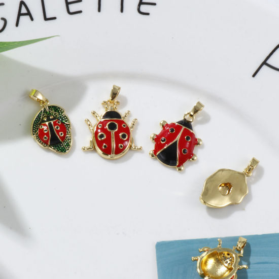 Immagine di 2 PCs Eco-friendly Brass Insect Charm Pendant 18K Real Gold Plated Red Ladybug Animal Enamel