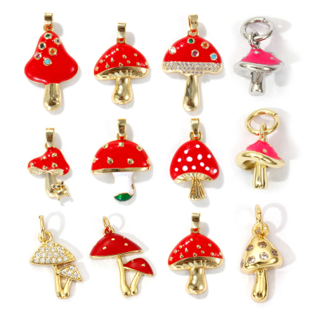 Umweltfreundlich Messing Charm-Anhänger 18K Echtgold plattiert Rot Pilz Emaille