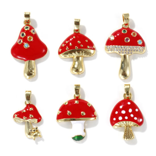 Picture of 2 PCs Eco-friendly Brass Charm Pendant 18K Real Gold Plated Red Mushroom Enamel