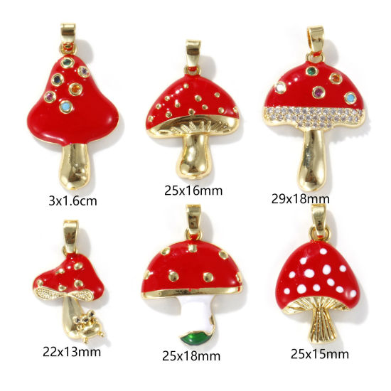 Picture of 2 PCs Eco-friendly Brass Charm Pendant 18K Real Gold Plated Red Mushroom Enamel