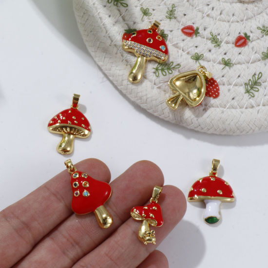 Picture of 2 PCs Eco-friendly Brass Charm Pendant 18K Real Gold Plated Red Mushroom Enamel