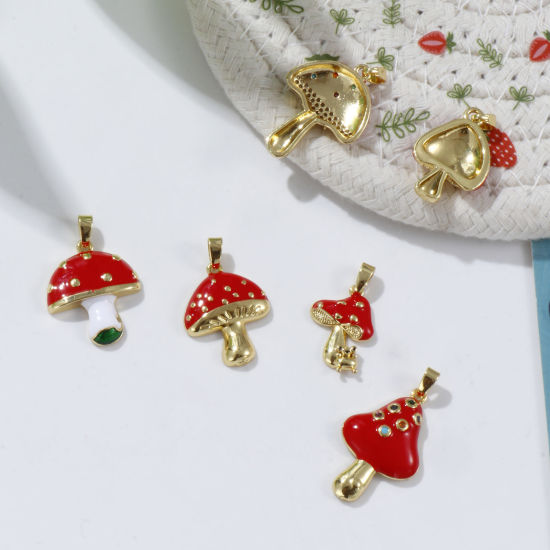 Picture of 2 PCs Eco-friendly Brass Charm Pendant 18K Real Gold Plated Red Mushroom Enamel