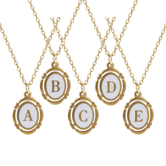 Picture of Eco-friendly PVD Vacuum Plating Stylish 18K Gold Plated White 304 Stainless Steel Link Cable Chain Oval Capital Alphabet Initial Letter Message " A-Z " Enamel Pendant Charm Necklace Unisex 45cm(17.7") + 5cm(2") long