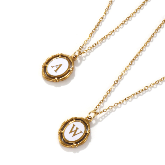 Picture of Eco-friendly PVD Vacuum Plating Stylish 18K Gold Plated White 304 Stainless Steel Link Cable Chain Oval Capital Alphabet Initial Letter Message " A-Z " Enamel Pendant Charm Necklace Unisex 45cm(17.7") + 5cm(2") long