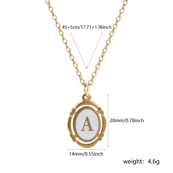 Picture of Eco-friendly PVD Vacuum Plating Stylish 18K Gold Plated White 304 Stainless Steel Link Cable Chain Oval Capital Alphabet Initial Letter Message " A-Z " Enamel Pendant Charm Necklace Unisex 45cm(17.7") + 5cm(2") long