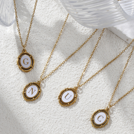 Picture of Eco-friendly PVD Vacuum Plating Stylish 18K Gold Plated White 304 Stainless Steel Link Cable Chain Oval Capital Alphabet Initial Letter Message " A-Z " Enamel Pendant Charm Necklace Unisex 45cm(17.7") + 5cm(2") long
