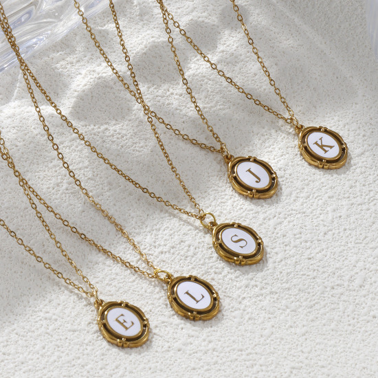 Picture of Eco-friendly PVD Vacuum Plating Stylish 18K Gold Plated White 304 Stainless Steel Link Cable Chain Oval Capital Alphabet Initial Letter Message " A-Z " Enamel Pendant Charm Necklace Unisex 45cm(17.7") + 5cm(2") long
