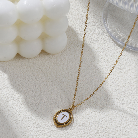 Picture of Eco-friendly PVD Vacuum Plating Stylish 18K Gold Plated White 304 Stainless Steel Link Cable Chain Oval Capital Alphabet Initial Letter Message " A-Z " Enamel Pendant Charm Necklace Unisex 45cm(17.7") + 5cm(2") long