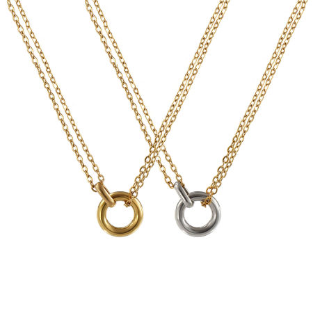 Eco-friendly PVD Vacuum Plating Minimalist 18K Real Gold Plated 304 Stainless Steel Link Cable Chain Circle Ring Pendant Charm Necklace For Women Gift 42cm(16.5") + 8cm(3.1") long