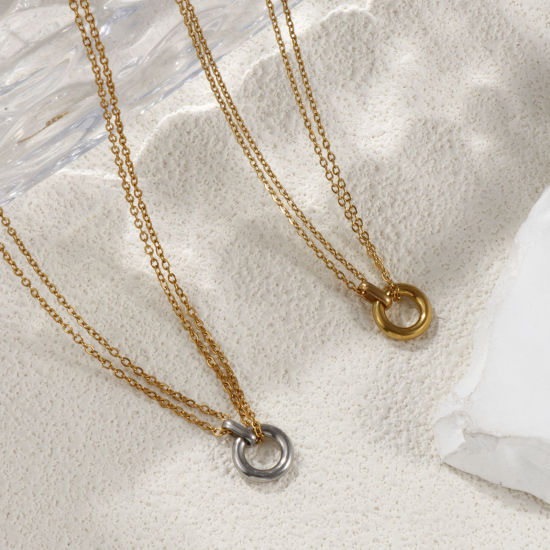 Изображение 1 Piece Eco-friendly PVD Vacuum Plating Minimalist 18K Real Gold Plated 304 Stainless Steel Link Cable Chain Circle Ring Pendant Charm Necklace For Women Gift 42cm(16.5") + 8cm(3.1") long