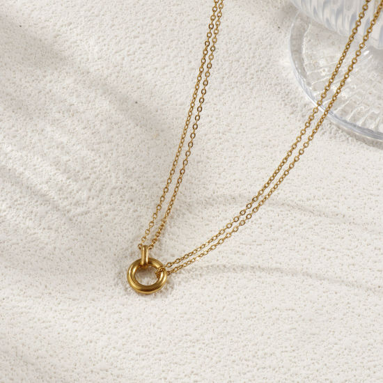Изображение 1 Piece Eco-friendly PVD Vacuum Plating Minimalist 18K Real Gold Plated 304 Stainless Steel Link Cable Chain Circle Ring Pendant Charm Necklace For Women Gift 42cm(16.5") + 8cm(3.1") long