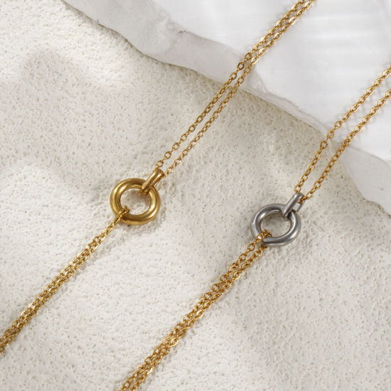 Изображение 1 Piece Eco-friendly PVD Vacuum Plating Minimalist 18K Real Gold Plated 304 Stainless Steel Link Cable Chain Circle Ring Pendant Charm Necklace For Women Gift 42cm(16.5") + 8cm(3.1") long
