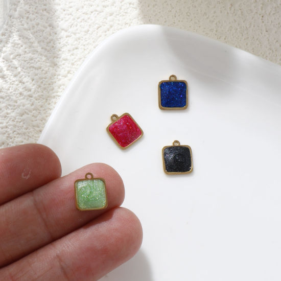 Изображение 2 PCs Eco-friendly PVD Vacuum Plating 304 Stainless Steel Geometric Mini Charms 18K Real Gold Plated Multicolor Enamel Square Glitter 10mm x 8mm